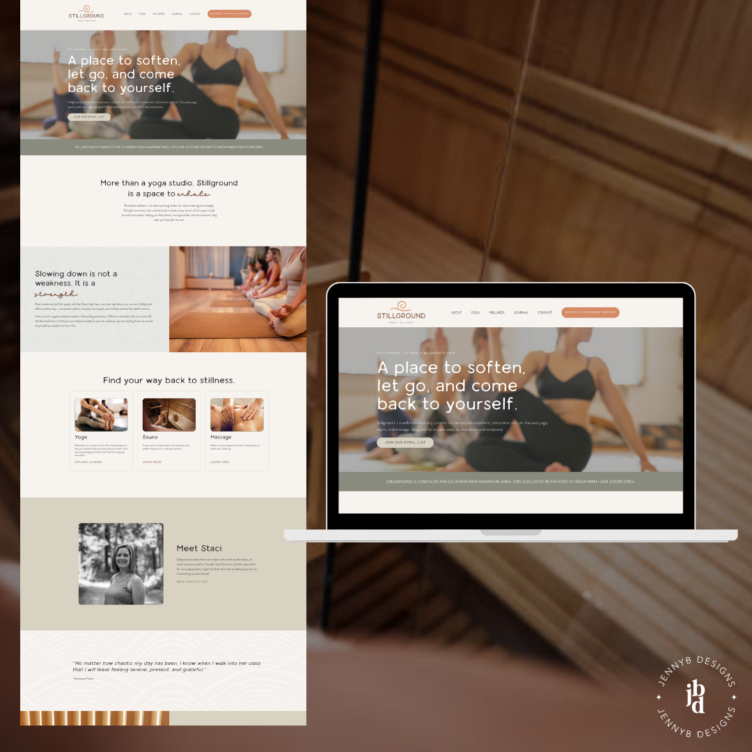 Interior page of the Stillground yoga studio website showing the branded Journal blog layout with category filters for Movement, Rest + Restore, and The Stillground Way.