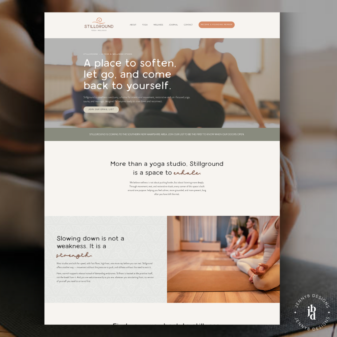 Homepage design for Stillground Yoga + Wellness, a pre-launch yoga studio website built on WordPress featuring an earthy brand palette, rounded card layout, and email list call to action.